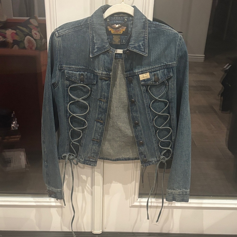 Vintage Early-2000s
Harley-Davidson Blue Denim Jacket with Lace-Up Sides